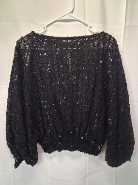 St. Martin Vintage Black Sequin Boatneck Women's Luxury Top